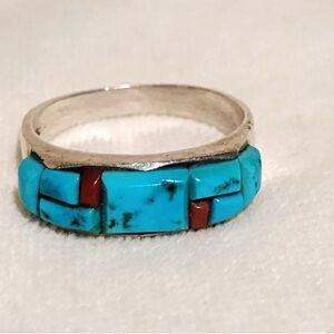 Vintage Unisex Turquoise & Coral Cobblestone Ring